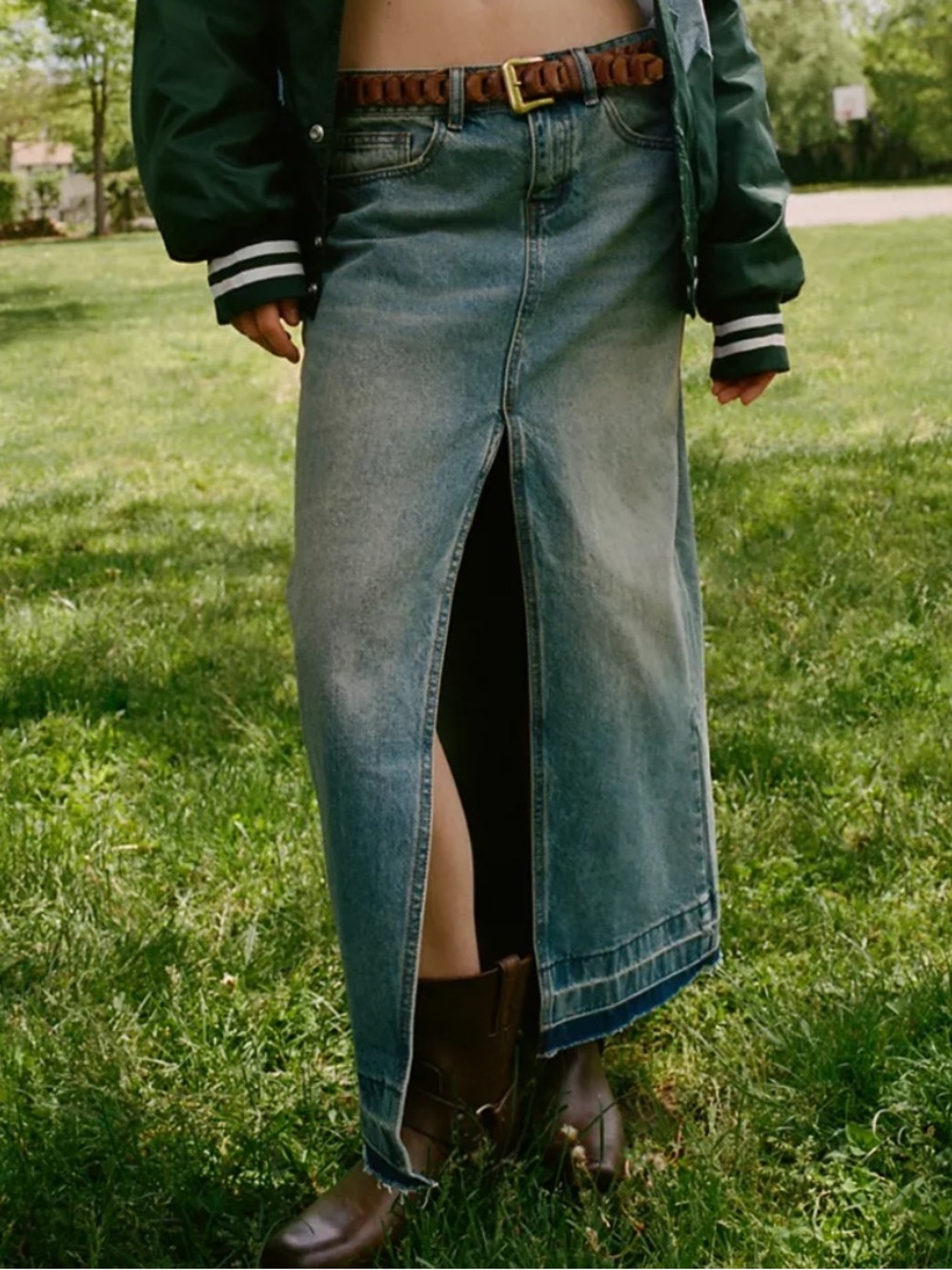 Frayed Denim Maxi Skirt